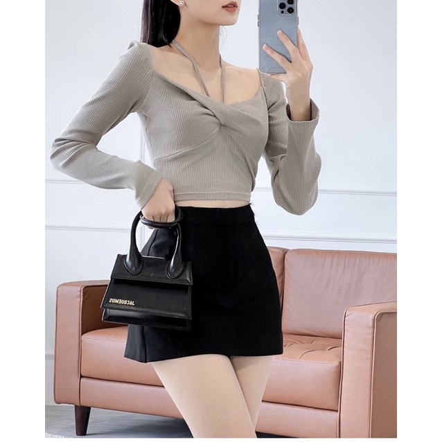 SET ÁO XOĂN NGỰC DÂY CỔ YẾM BẸT VAI + CHÂN VÁY ĐEN