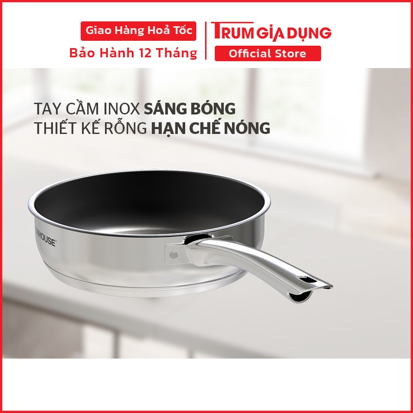 Chảo chống dính bếp từ, chảo Sunhouse IN đáy 5 lớp inox đúc nguyên khối, dùng được trên mọi loại bếp.