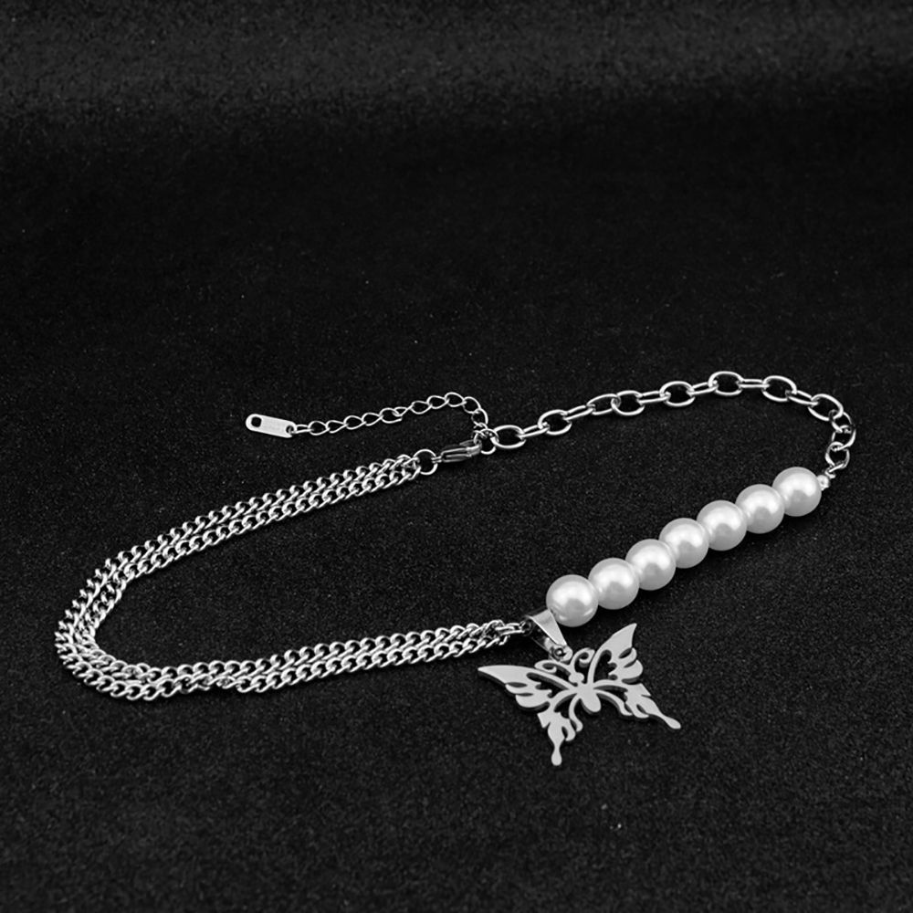 Vòng cổ choker bằng hợp kim mặt hình cánh bướm đính ngọc trai phong cách punk hip hop Hàn Quốc tinh tế cho nữ