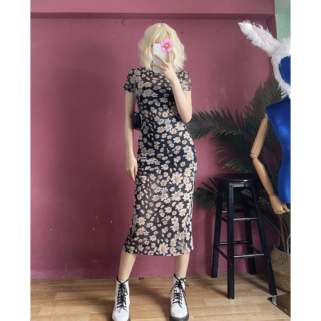 -  Quà tặng sinh nhật,bạn gái Đầm lưới xuyên thấu hoa cúc