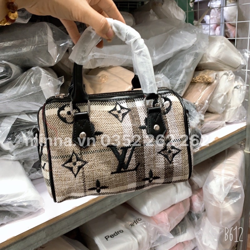 Túi Trống Hoa Vải Quai Xách Đen Có Dây Đeo Chéo
