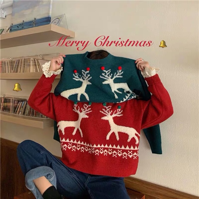 Áo len đỏ xanh tuần lộc xinh đi chơi noel