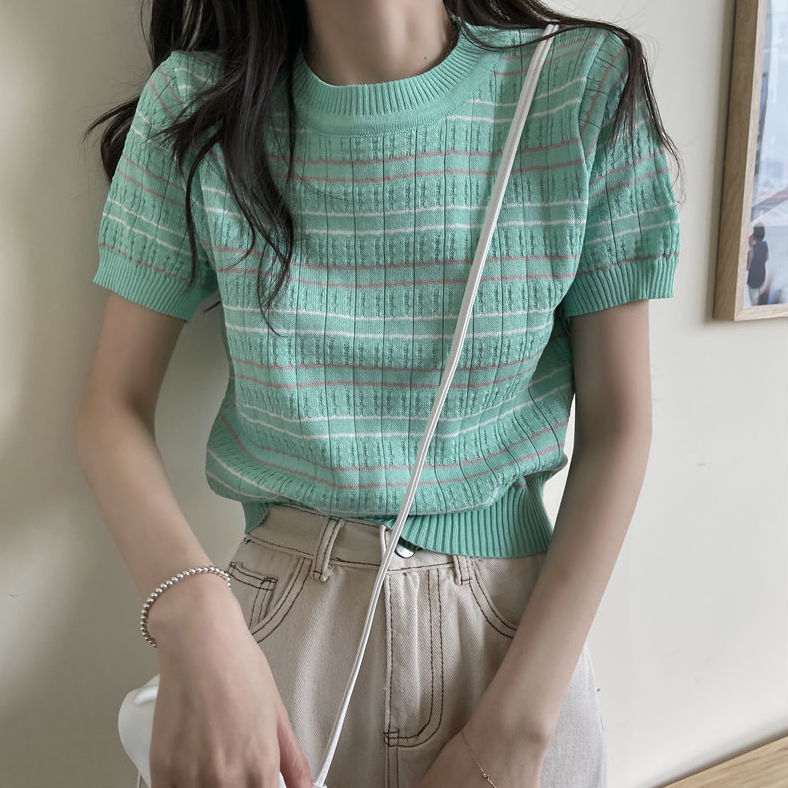 Áo Len Nữ Tay Ngắn Kẻ Sọc Ngang Thời Trang Trẻ Trung