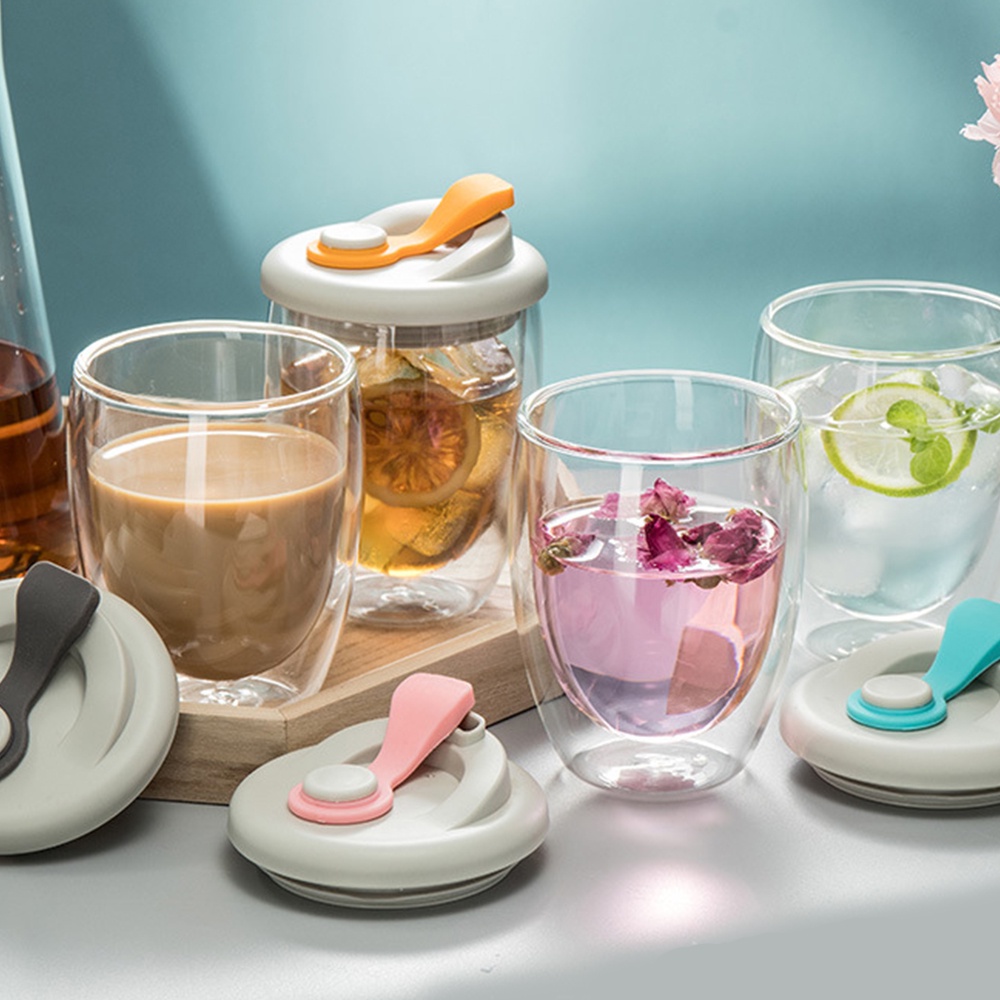 Cốc Thủy Tinh Hai Lớp Cách Nhiệt Có Nắp Dung Tích 250ml / 350ml / 450ml