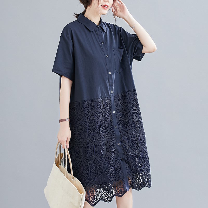 B204 Đầm bigsize dáng suông kiểu sơ mi phối ren dưới thời trang