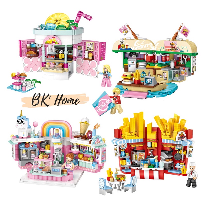 Đồ chơi lắp ghép building blocks LOZ cửa hàng tiện lợi- Drink shop- Hamburger shop- Cake shop-Chips shop