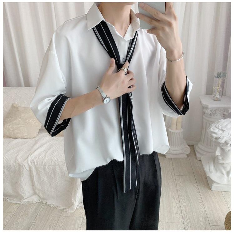 Sơ mi nam trắng bigsize tay lỡ form rộng cà vạt necktie