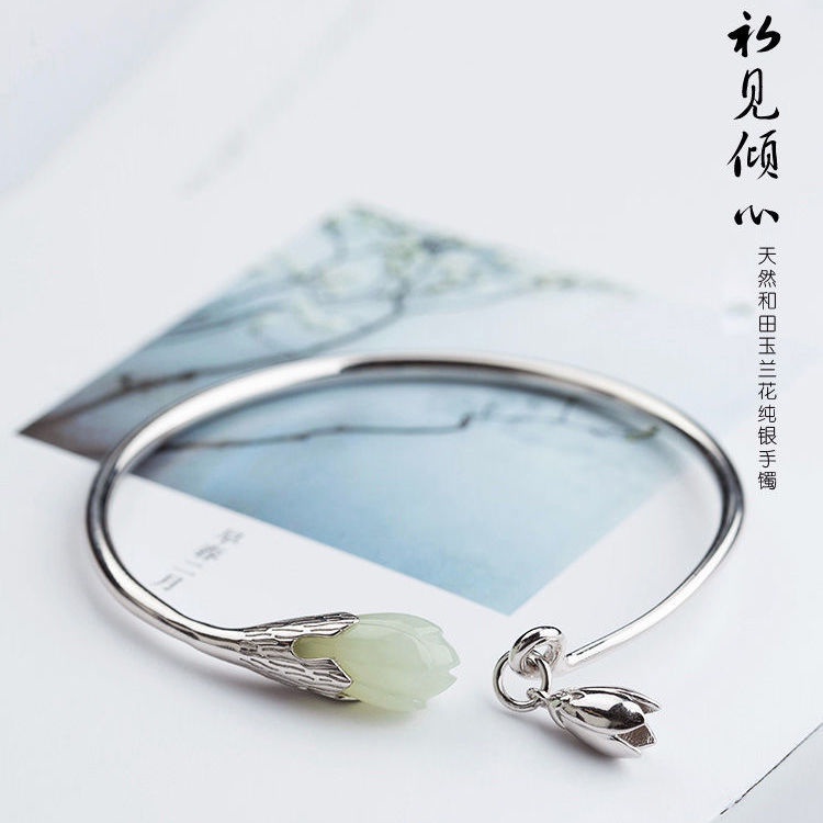 Vòng Tay Mạ Bạc 99 Sterling Đính Đá Ngọc Bích Hình Hoa Mộc Lan Phong Cách Cổ Điển Cho Nữ