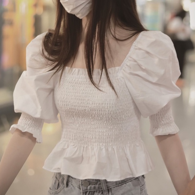 Áo Kiểu Tay Phồng Cổ Vuông Thiết Kế Mới Thời Trang Mùa Hè Theo Phong Cách Hàn Quốc Cho Nữ