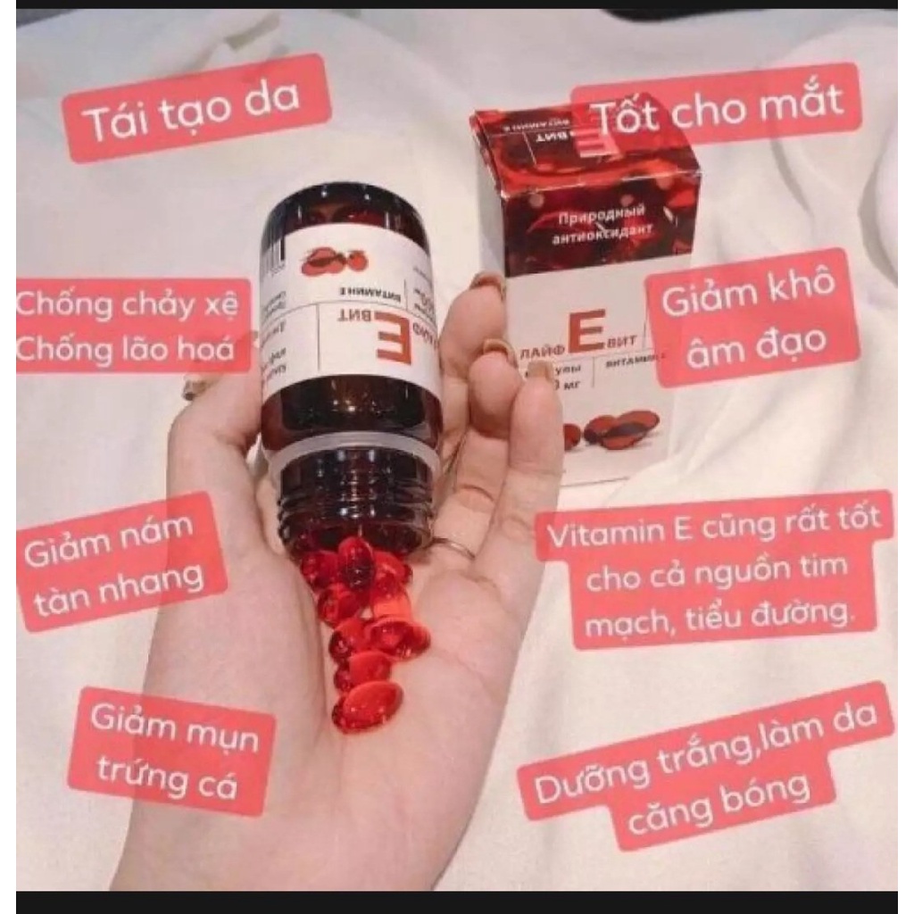 Vitamin E Đỏ Nga 400Mr CHÍNH HÃNG NGA . Dưỡng trắng da, giảm nám tàn nhang, tốt cho mắt.Có thể bôi lên da hoặc uống.