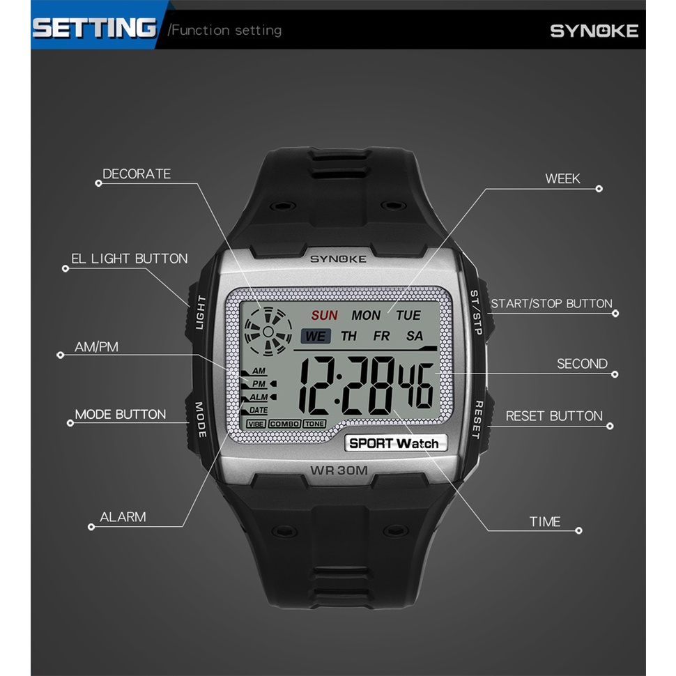 Đồng hồ điện tử SYNOKE mặt vuông lớn chống sốc chống nước thời trang cho nam | BigBuy360 - bigbuy360.vn