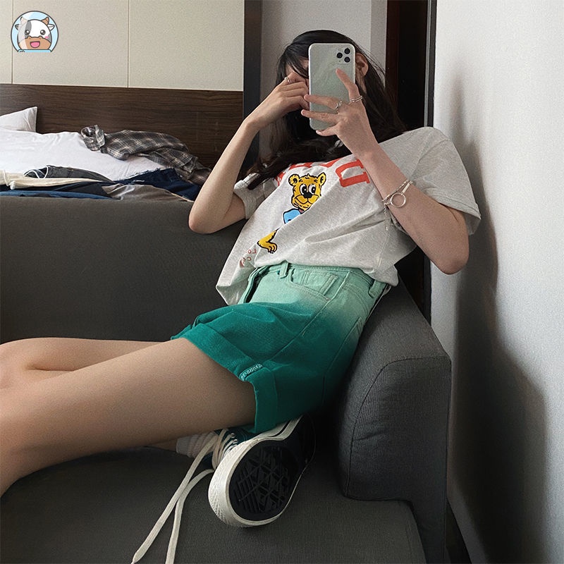 Quần Short denim Màu gradient Lưng Cao Dáng Rộng Thời Trang Mùa Hè 2022 Mới Cho Nữ