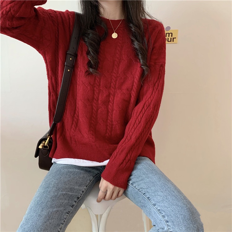 Áo len đỏ xoắc nữ cổ tròn áo sweater thu đông phong cách Hàn Quốc dệt kim giáng sinh