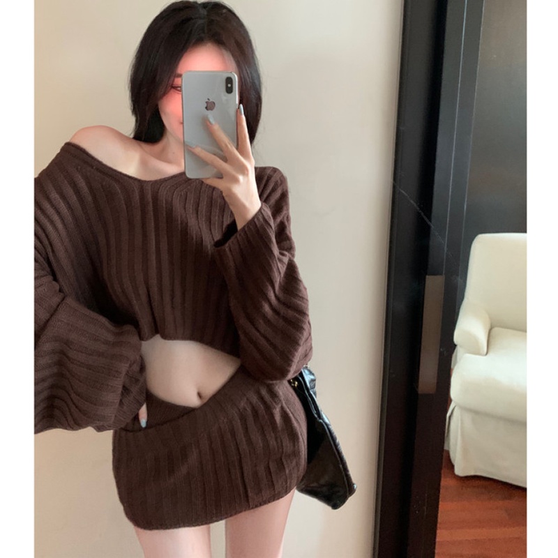 Bộ Áo Dệt Kim Tay Dài + Chân Váy Mini Thời Trang Mùa Thu Cho Nữ