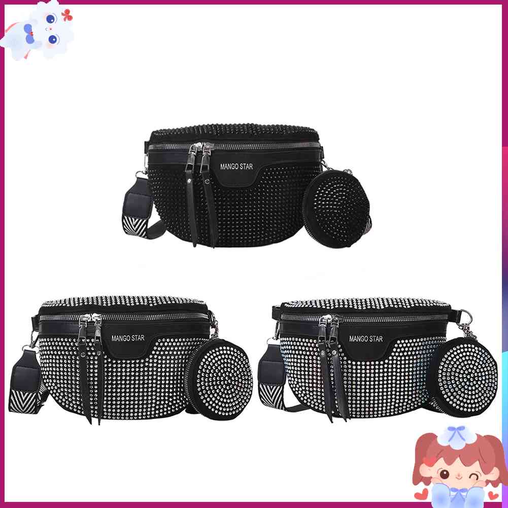 ✿Mars144✿Túi Đeo Chéo Ngực / Thắt Lưng Bằng PU Đính Đá Lấp Lánh Tinh Tế Cho Nữ✿