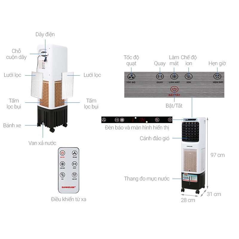 Quạt hơi nước Sunhouse SHD7713, quạt điều hòa, máy làm mát không khí Sunhouse - Hàng trưng bày