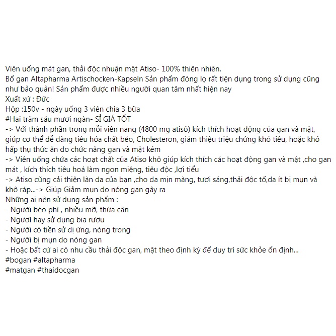 Viên uống mát gan Atiso,bổ gan Altapharma Artischocken-Kapseln lọ 100 viên
