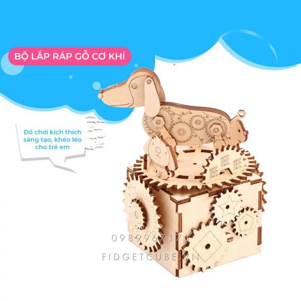 Bộ Lắp Ráp Hộp Nhạc Gỗ Hình Chó Xoay và Phát Nhạc