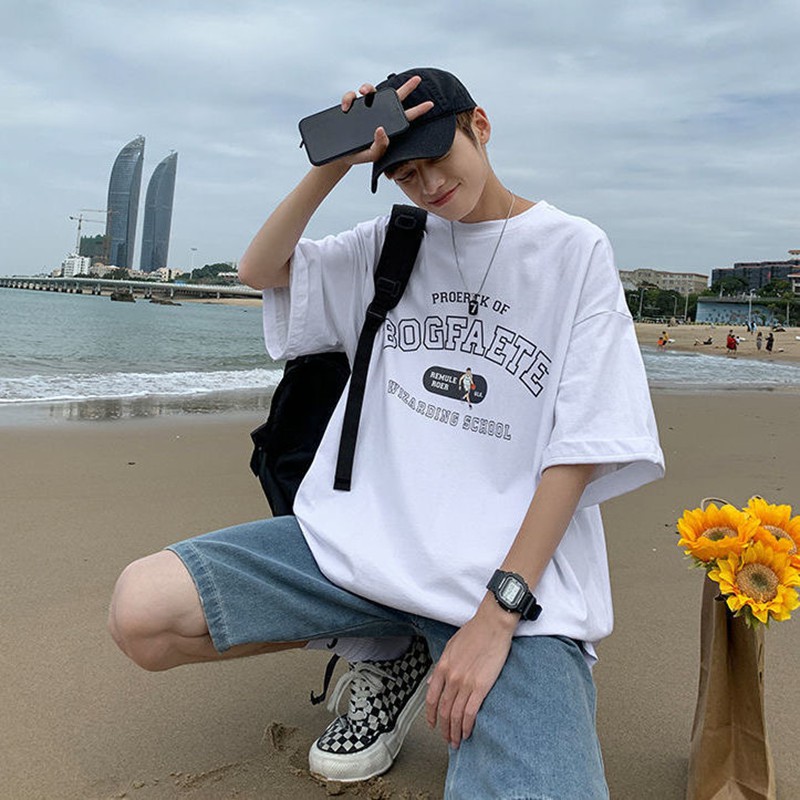 Áo thun nam tay lỡ cổ tròn form rộng streetwear phông unisex basic tee cotton teen oversize đen trắng giá rẻ BOGFATAE