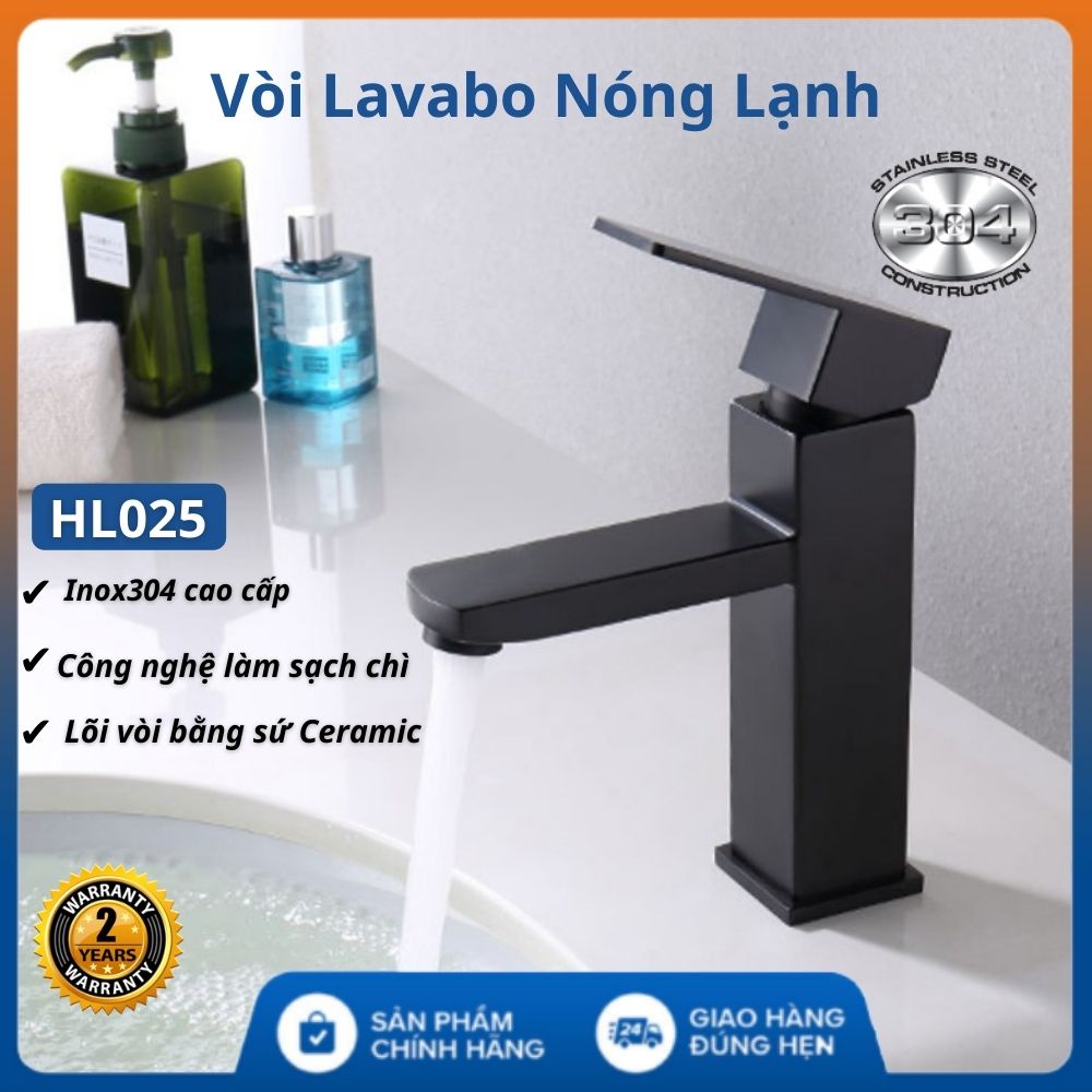 Gật gù nóng lạnh , vòi chậu rửa mặt Lavabo HL025 cao cấp chất liệu Inox 304 sơn tĩnh điện đen tăng áp có lõi sứ