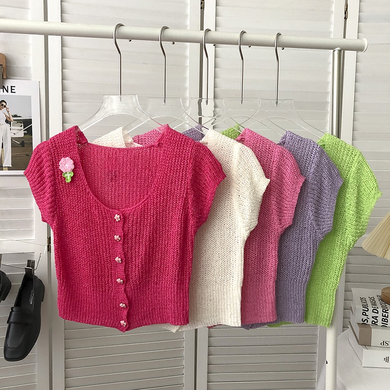 Áo Cardigan Dệt Kim Tay Ngắn Đính Cánh Hoa Dễ Thương