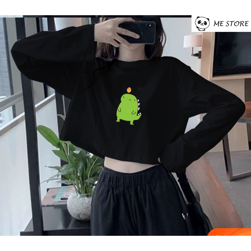 Áo thun tay dài thu đông croptop in hình khủng long xanh Ulzzang form rộng dáng rộng chất liệu 100% cotton