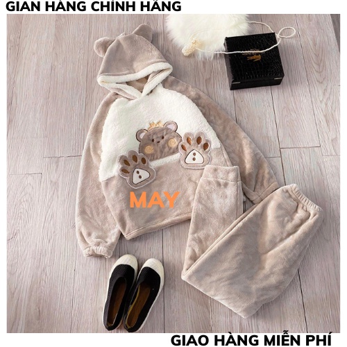 Bộ ngủ lông nữ 2 mặt mềm mại thêu gấu be sữa, sét đồ bộ thu đông mặc nhà chất lông cừu