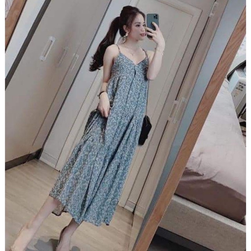 Đầm BẦU hoa xanh tiểu thư mùa hè MAMA DRESS váy Suông váy bầu 2 dây sexy quyến rũ cho mẹ bầu đi chơi biển đi dạo đẹp rẻ