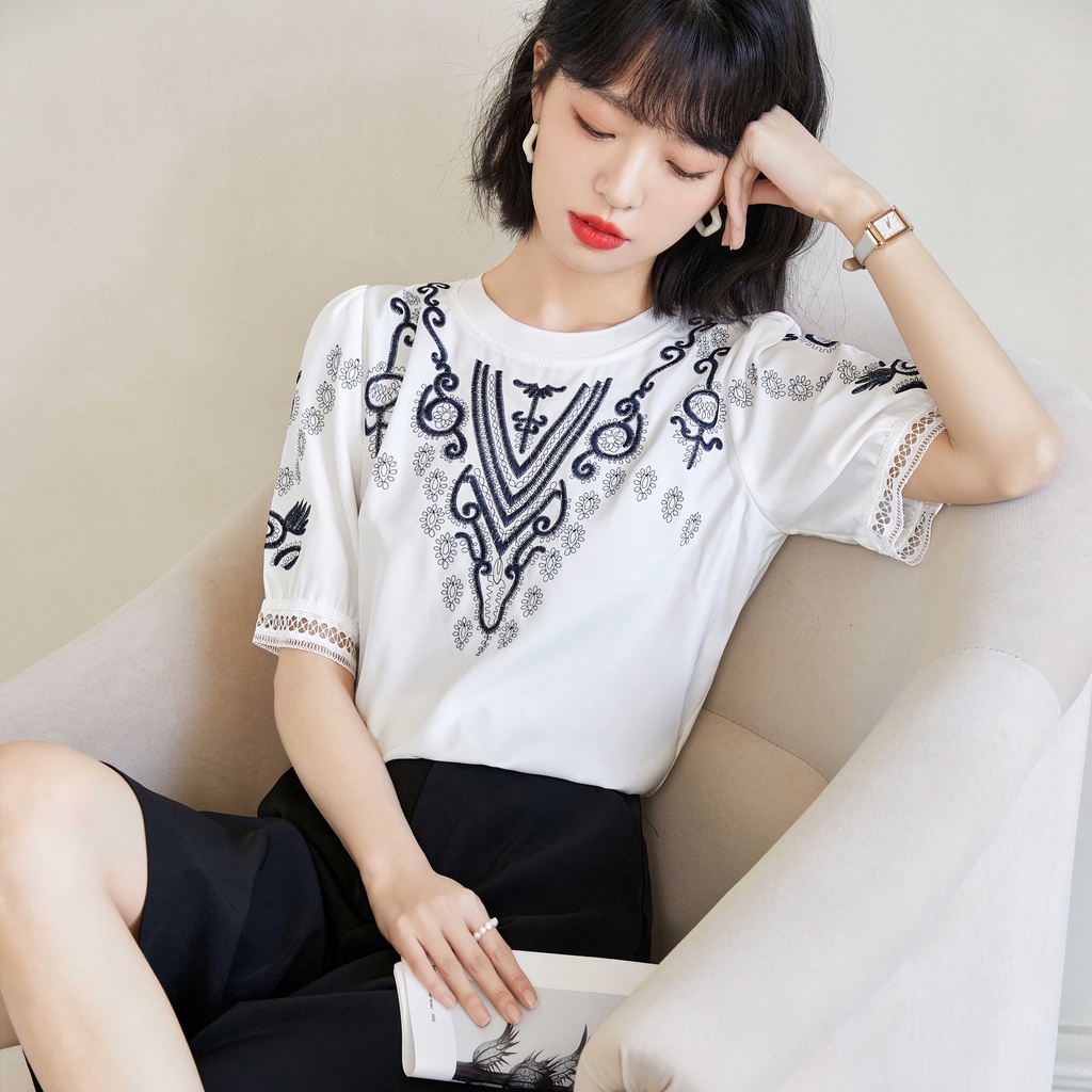 Áo Sơ Mi Tay Ngắn Phồng Vải Voan Mỏng Thêu Họa Tiết Thời Trang Mùa Hè Cho Nữ