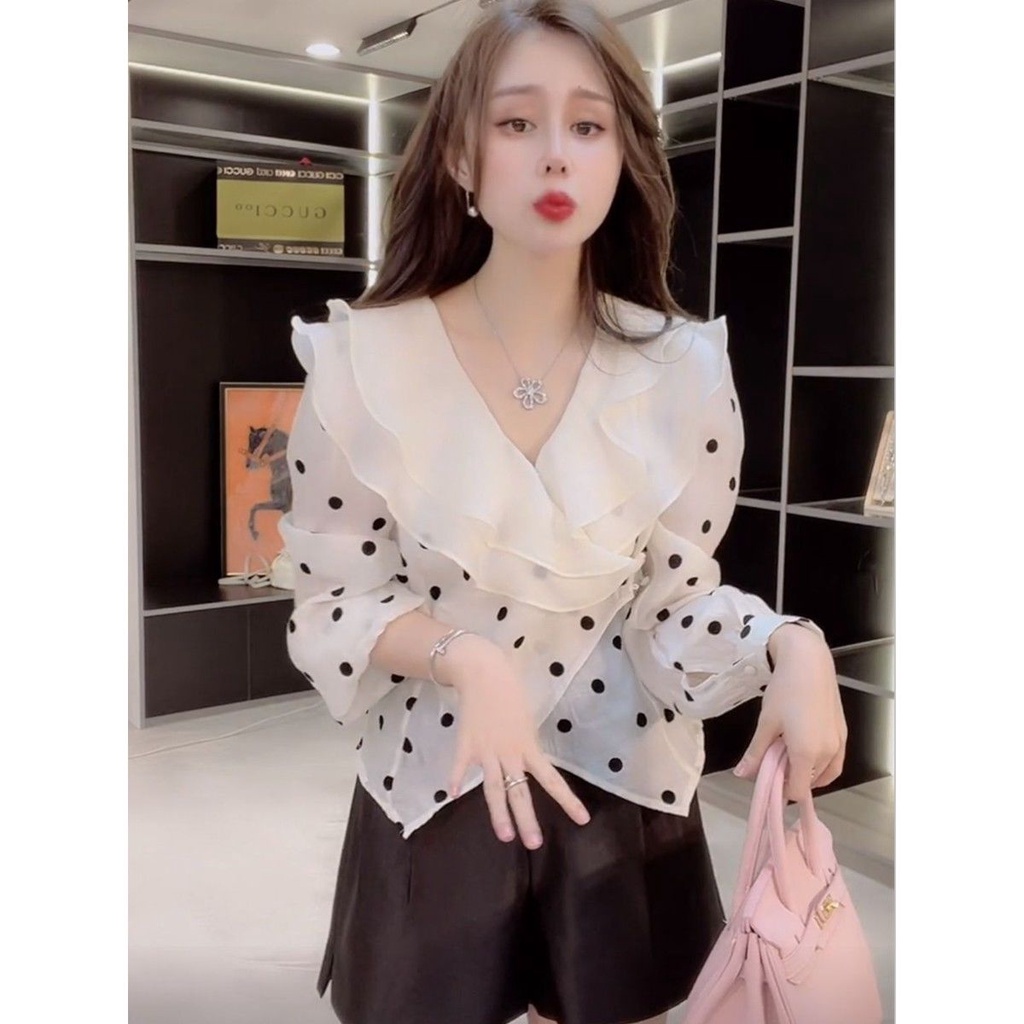 Áo Sơ Mi Chiffon Họa Tiết Chấm Bi Phong Cách Châu Âu Thời Trang Mùa Thu Cho Nữ