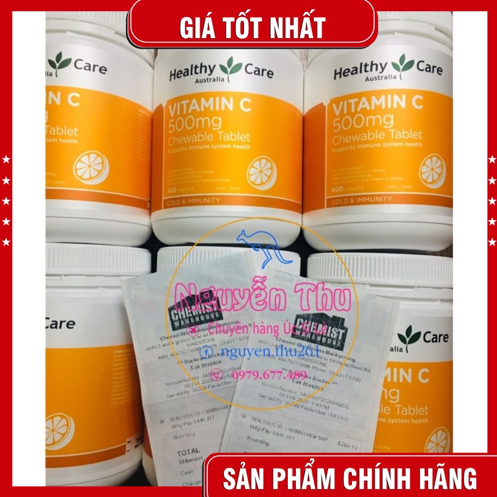 (Mẫu mới) Healthy Care Vitamin C 500mg 500 viên Úc- Đủ bill