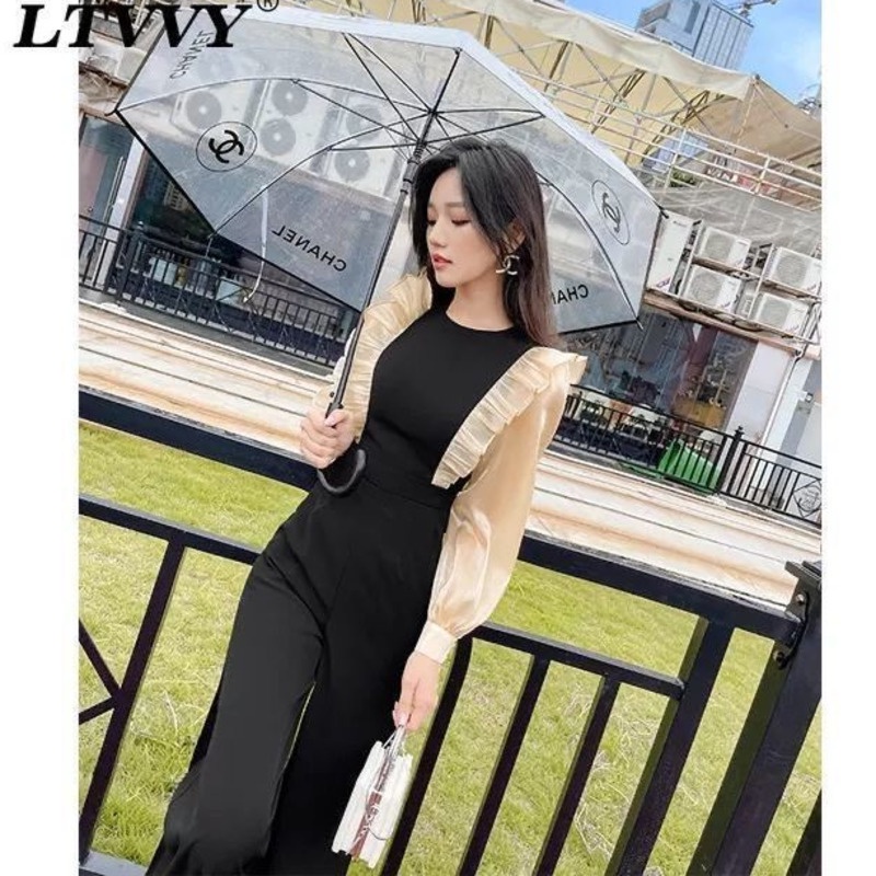 Bộ Áo Liền Quần Lưng Cao Ống Rộng Màu Đen Thời Trang Xuân Thu Cho Nữ