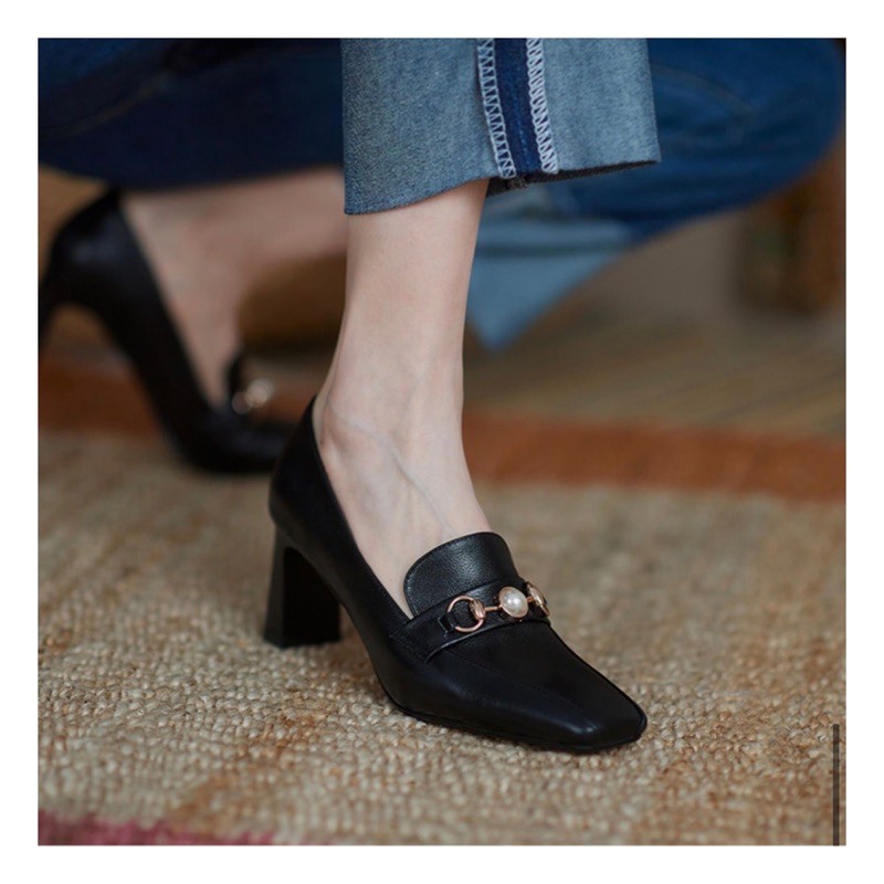 GIÀY CAO GÓT 5P KHUY NGỌC | TRẮNG/ĐEN