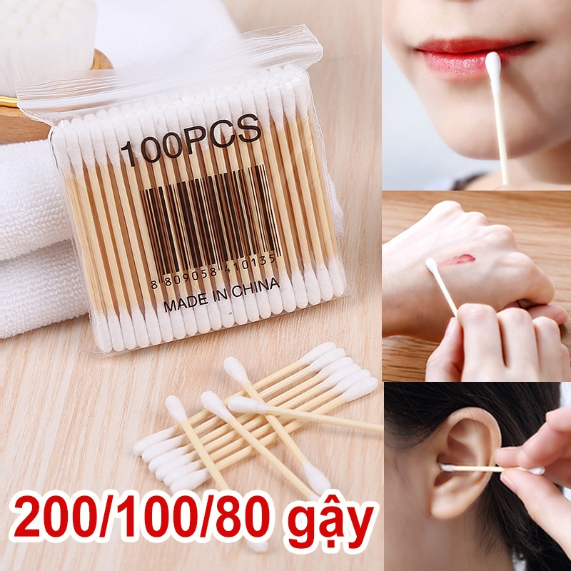 Tăm bông thân gỗ bịch 80/100/200 que, tăm bông ráy tai thân thiện với môi trường GM