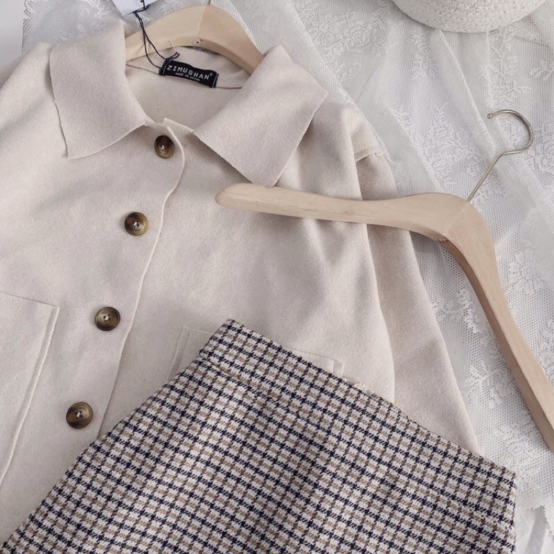 Set khoác dạ mũ mix chân váy kẻ caro “ hình thật đầu tiên””