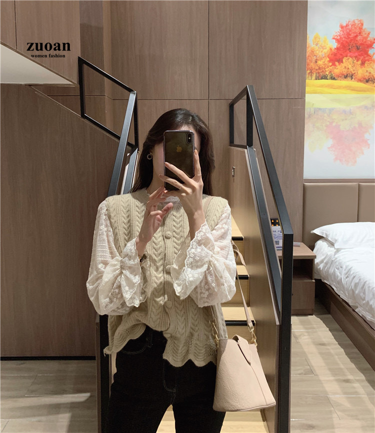 SUXI Áo Blouse Nữ Tay Dài Phối Ren