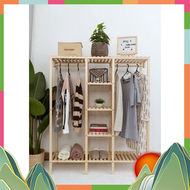 TỦ , GIÁ TREO QUẦN ÁO TRIPLE HANGER - SIZE L - GỖ THÔNG TỰ NHIÊN - MÀU GỖ TỰ NHIÊN