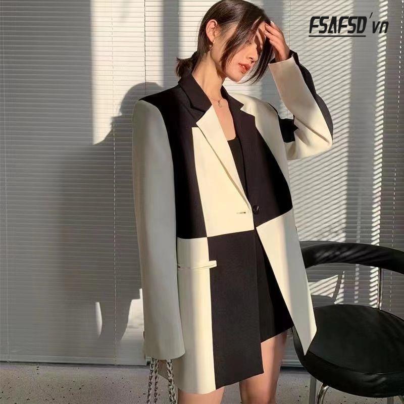 Áo Khoác Vest Dáng Rộng Cỡ Lớn Phối Màu Đen Trắng Thời Trang Xuân Thu 2022 Cho Nữ