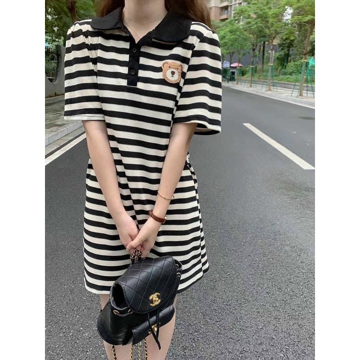 Váy đầm thun nữ polo, đầm thun kẻ sọc ngang in gấu cổ bẻ dáng suông dạo phố cá tính