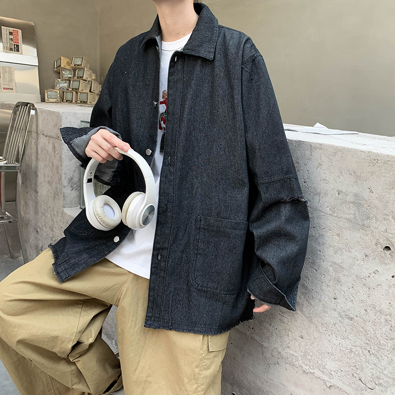 High long sleeve jacket spring and autumn ins hole denim jacket men's Harajuku style retro handsome jacket rough casual jacket