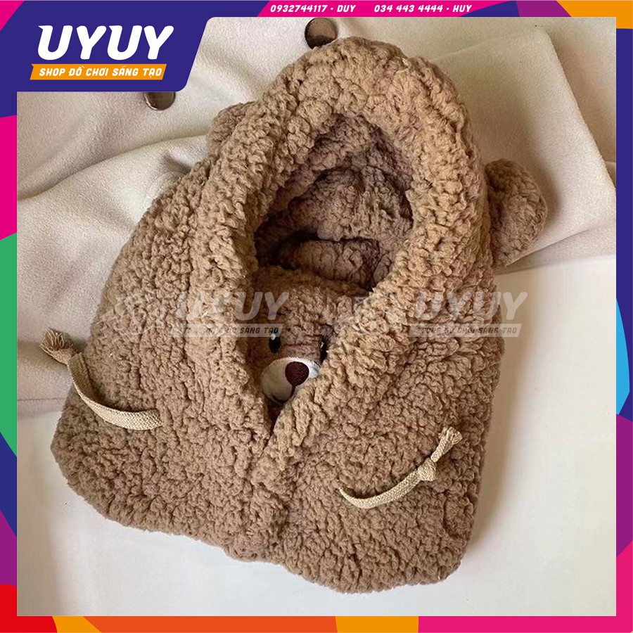 Mũ Lông Hình Gấu Bear Dễ Thương Trùm Đầu Kết Hợp Khẩu Trang