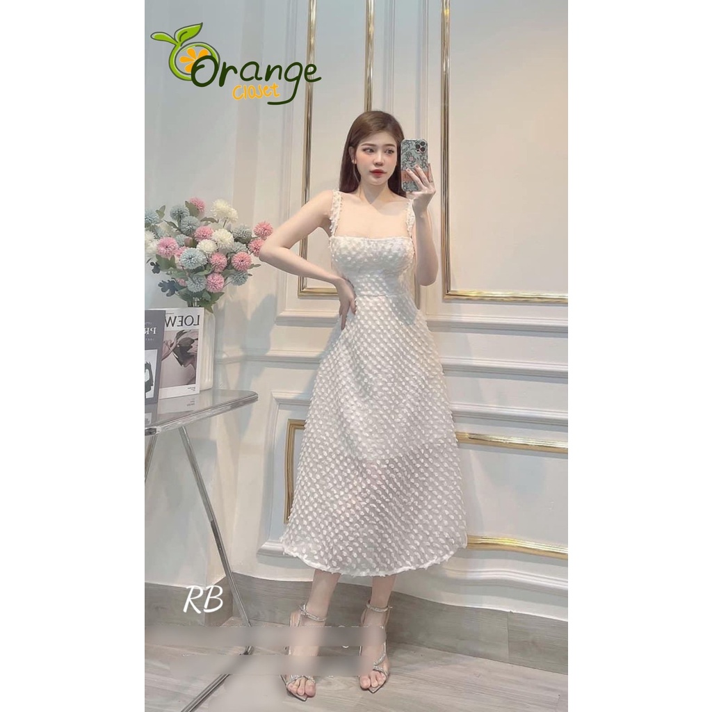 Đầm trắng 2 dây Voan lụa hoa nổi có size S M. VÁY TRẮNG NỮ DỰ TIỆC DẠO PHỐ SIÊU XINH hotgirl D13418