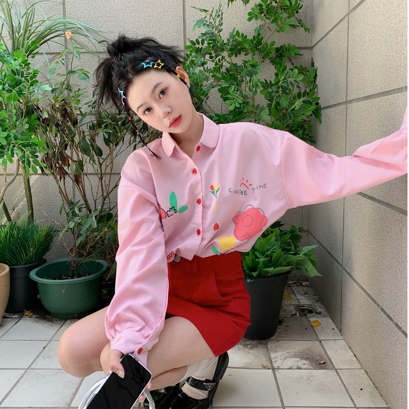 Áo Sơ Mi Tay Dài Dáng Rộng In Họa Tiết Graffiti Phong Cách Hàn Quốc Ngọt Ngào Cho Nữ