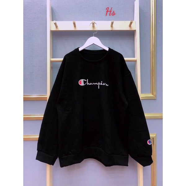 áo nỉ dài tay cho nam nữ, áo sweater champi có lô gô tay áo