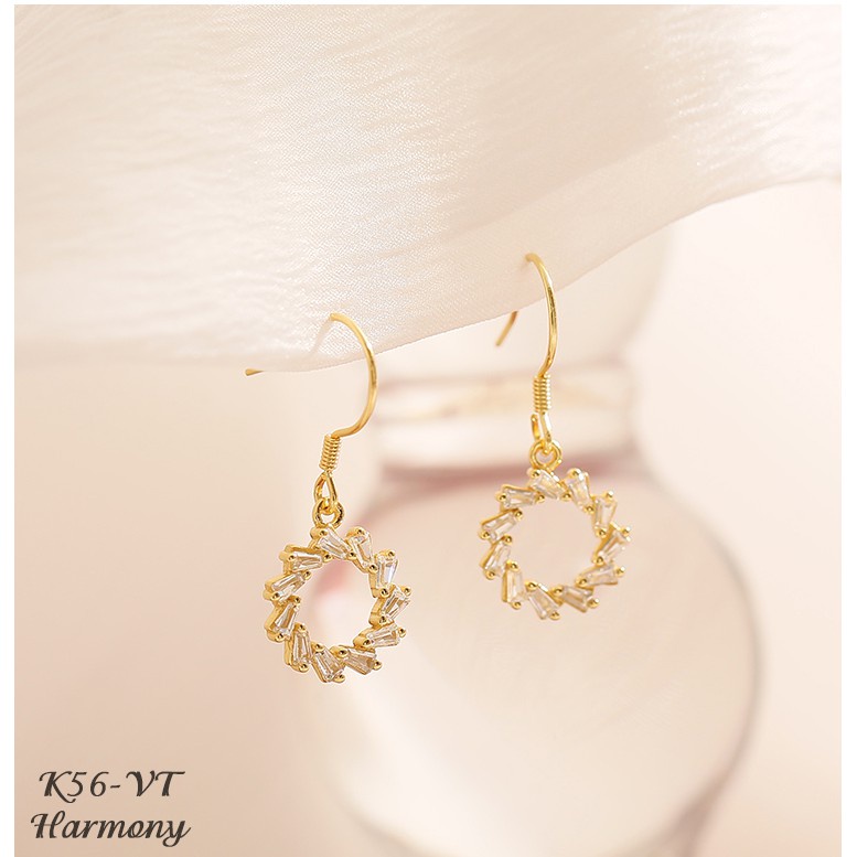 Khuyên tai, Bông tai nữ bạc mạ vàng Circle Heaven 2 dáng dài mặt hình tròn đính đá sang chảnh K65| TRANG SỨC BẠC HARMONY