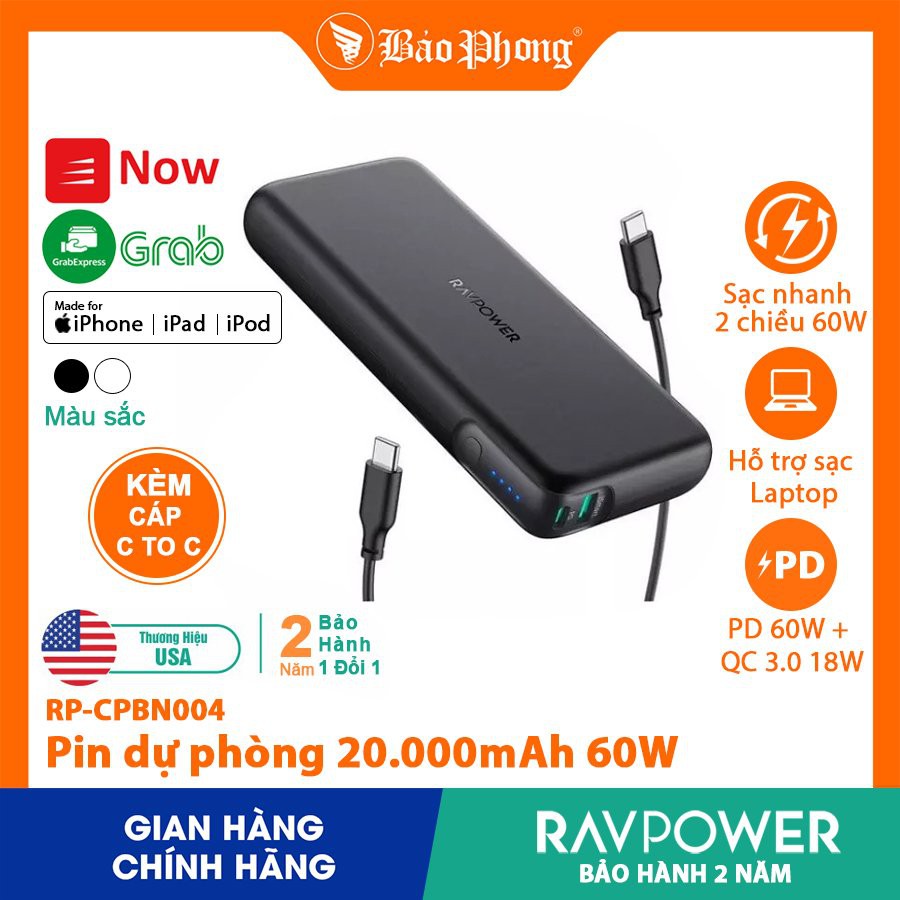 Pin Sạc dự phòng RAVPower 20000mAh 60w PD3.0 RP-CPBN004 cho iPhone iPad IP 6 7 8 Plus 10 11 12 Pro max x xs giá rẻ