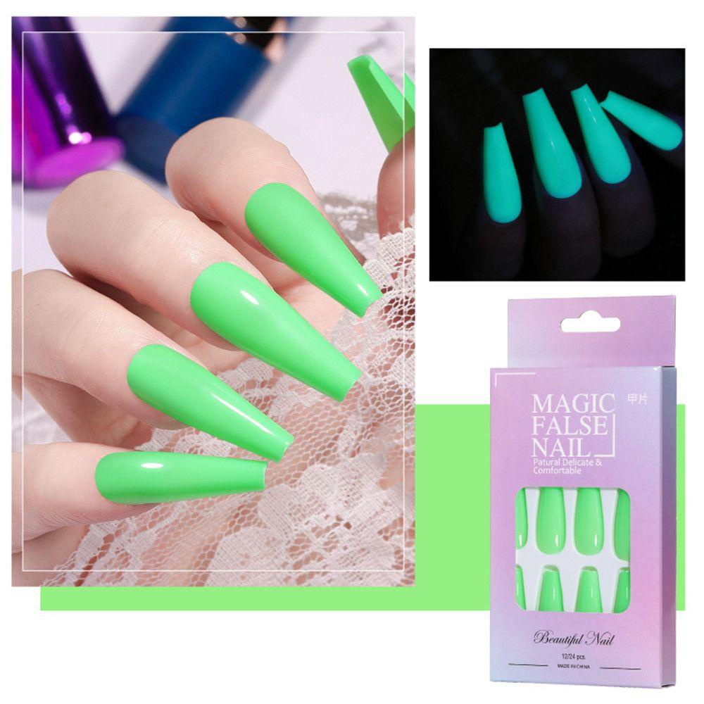 Set 24 Móng Tay Giả Dạ Quang Màu Trơn Thời Trang