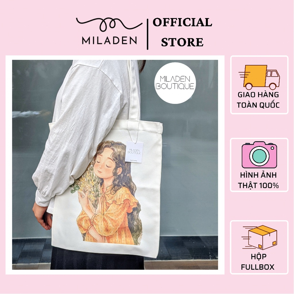 Túi Tote Vải Canvas Thiết Kế, Fullbox, Girl Ôm Hoa, Vải Dày, Có Khóa kéo, Ngăn Nhỏ Bên Trong Miladen Boutique. giá cạnh tranh