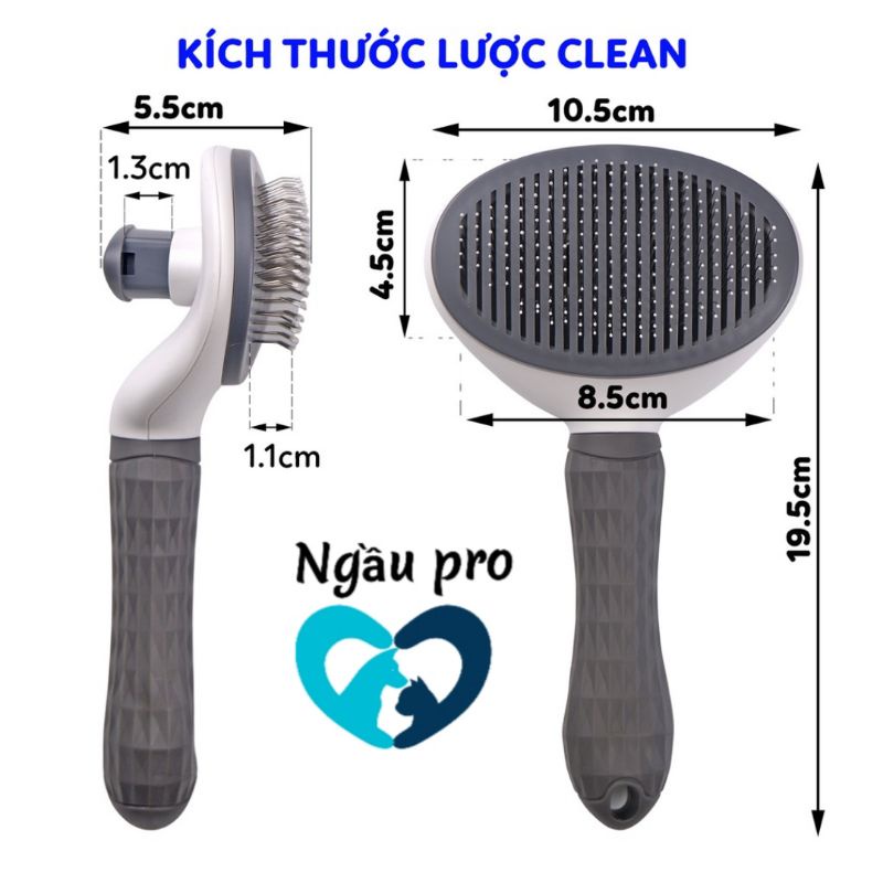 Lược chải lông chó mèo CLEAN có nút bấm gạt lông cao cấp - Lược đẩy lông rụng matxa cho chó thú cưng đẹp inox NGAUPET