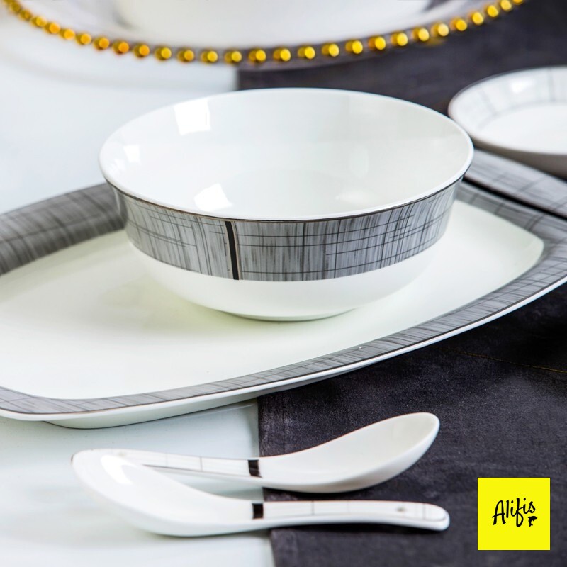 Bộ bát đĩa, bộ chén bát sứ xương trắng viền kẻ đen cách điệu cho 6-12 người - phụ kiện bàn ăn và quà tặng tân gia